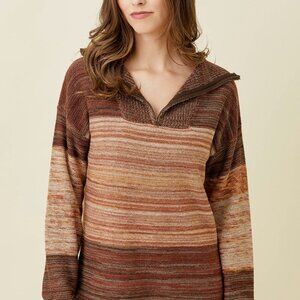 MYSTREE Rust Brown Ombre Stripe Half-Zip Knit Sweater, Cozy Fall Pullover